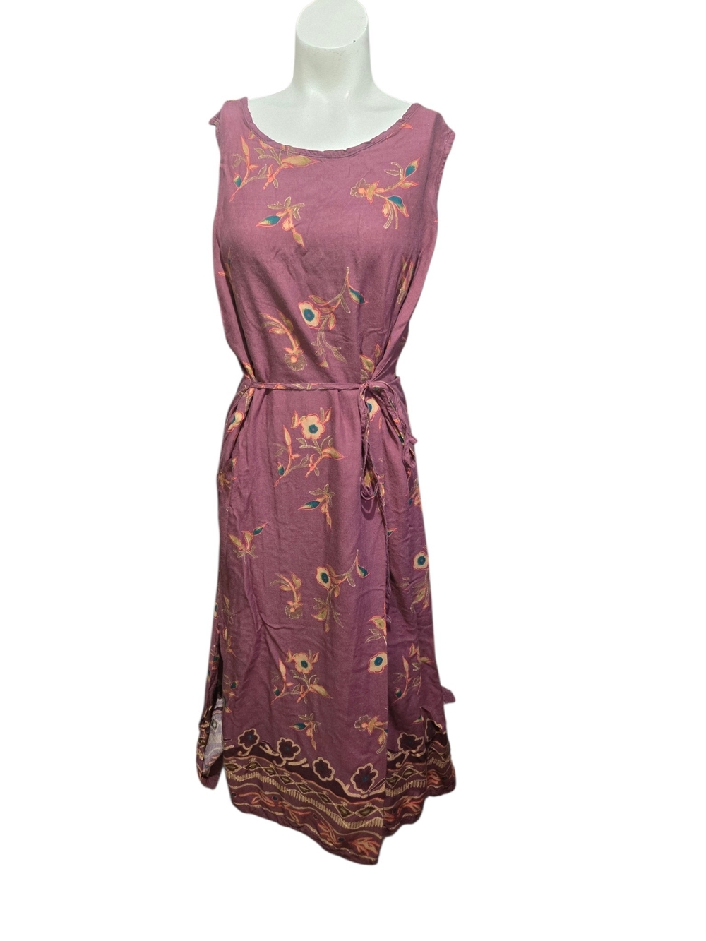Jane Ashley Vintage Floral Maxi Dress M Purple Boho Sleeveless Tie Waist